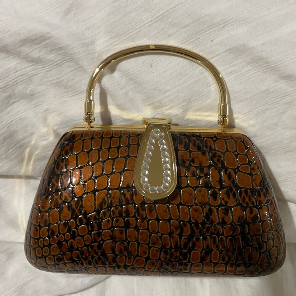 Brown croc embossed hard case small gold detail evening bag chain strap nwot